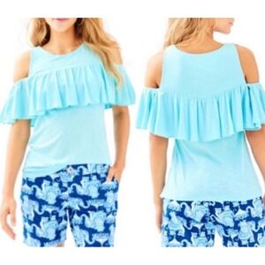 Lilly Pulitzer Lyra Cold‎ Shoulder Ruffle Top Seasalt Blue Women Size XS